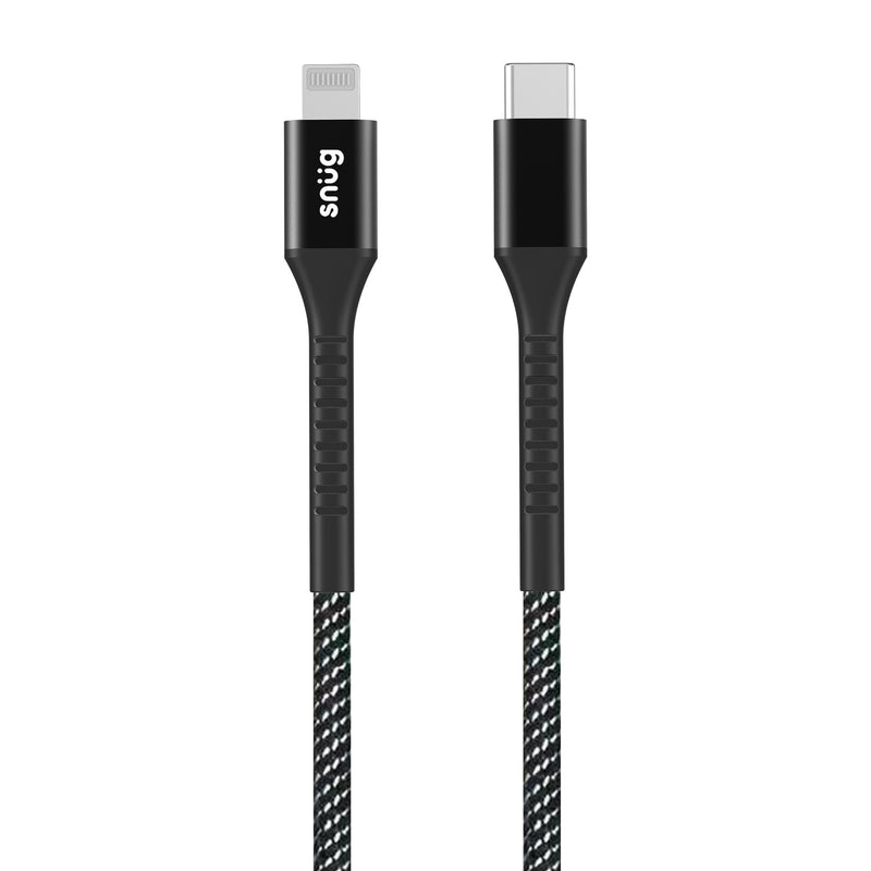 Snug Type-C To MFI Nylon Braided Cable 60W - 1.2 Metre - Black/Silver (SNPW-CABNMFIT-B)