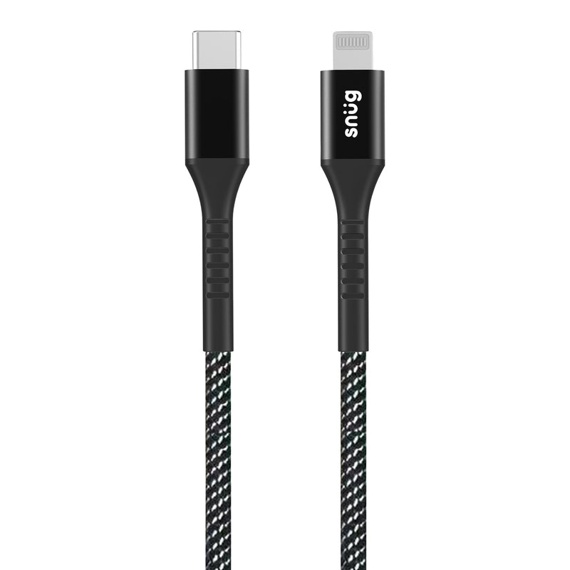 Snug Type-C To MFI Nylon Braided Cable 60W - 1.2 Metre - Black/Silver (SNPW-CABNMFIT-B)